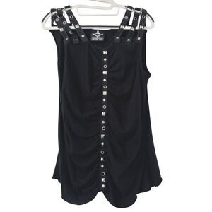Y2K Lip Service Tank Top Womens S Black Studded Buckle Strap Ruched Goth Punk‎